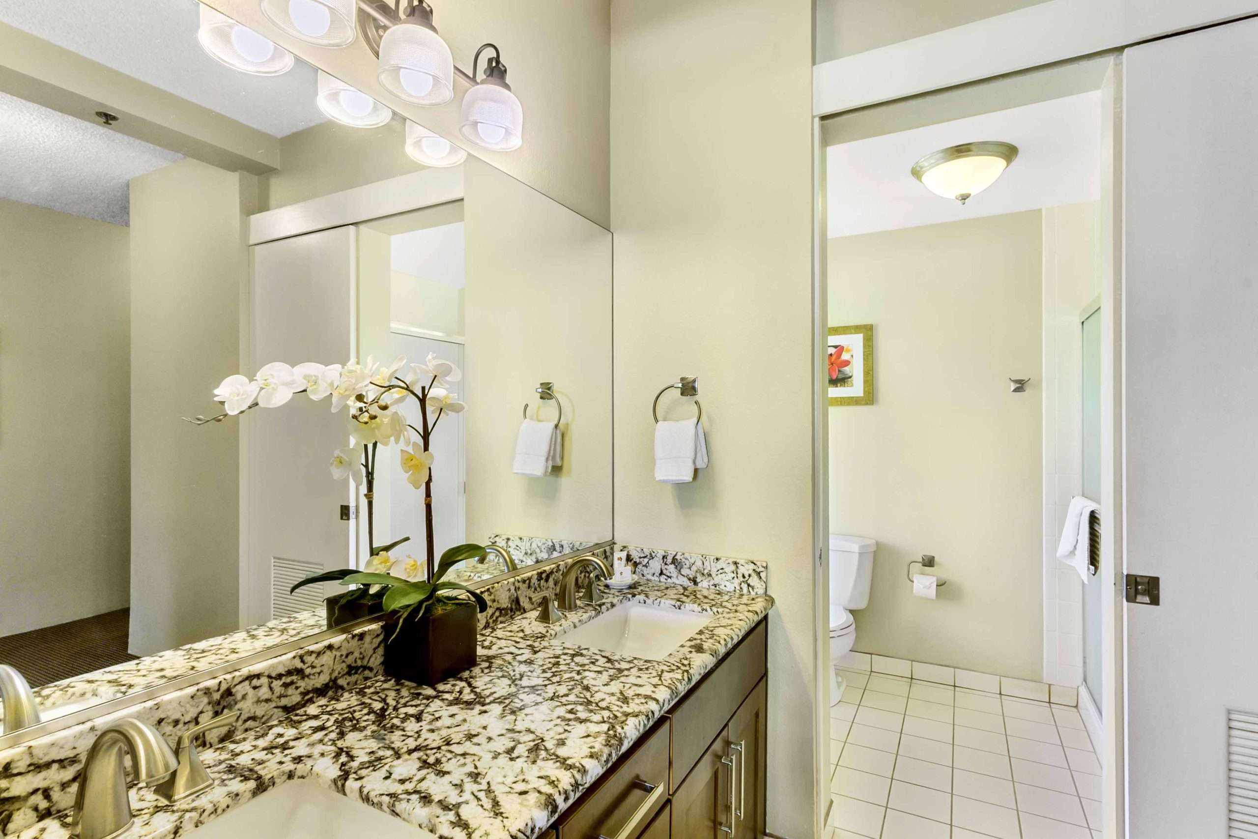 Spacious bathroom featuring marble-topped double vanity, large mirror, and a private water closet.