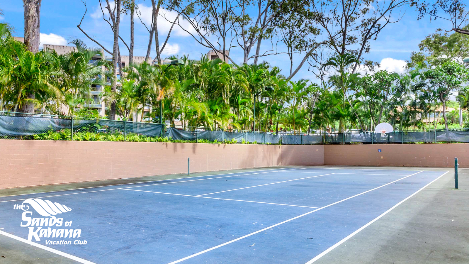 Sands of Kahana amenities: blue tennis court with adjacent basketball hoop and lush greenery.